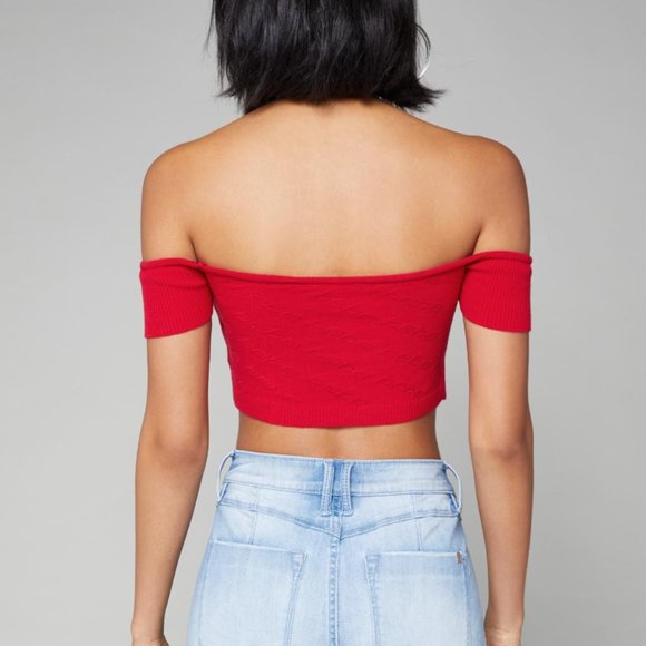 Off Shoulder Bebe Jacquard Logo Crop Top - Picture 3 of 8